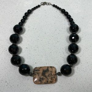 Tan and Dark Brown Center Stone Necklace with Sparkling Faceted Black Beads